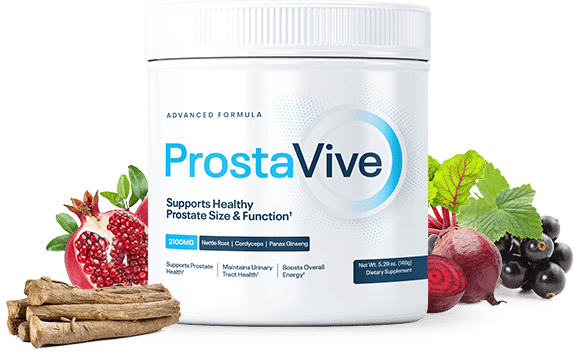 ProstaVive prostate health supplement container with natural ingredients like pomegranate, beetroot, and saw palmetto displayed around the jar. ProstaVive prostate health supplement container with natural ingredients like pomegranate, beetroot, and saw palmetto displayed around the jar.